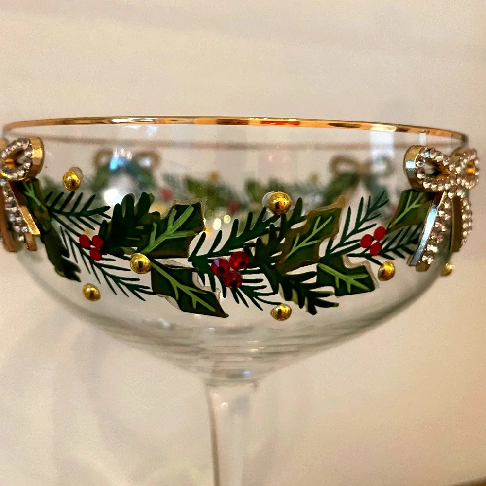 Christmas COUPE GLASSES Hand Painted & Jeweled Gold Bows Holly Garland Set of 2